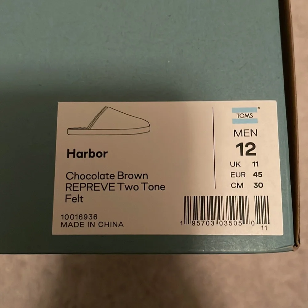 TOMS Harbor Chocolate Brown REPREVE Two Tone Felt Slipper - NWT - Size 12